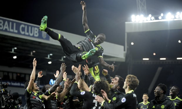 Chelsea’s players throw N’Golo Kanté in the air after they clinched the Premier League title with victory over West Bromwich Albion at The Hawthorns