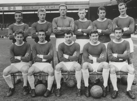 Dennis Walker with Manchester United’s reserves, including the goalkeeper Harry Gregg, at West Brom in May 1963, days before his first-team debut.