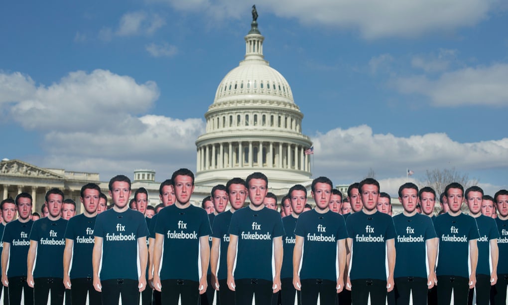 Cutouts of Facebook CEO Mark Zuckerberg placed outside the Capitol in protest ahead of his testimony before a joint hearing of the Senate Judiciary and Commerce Committees in 2018.