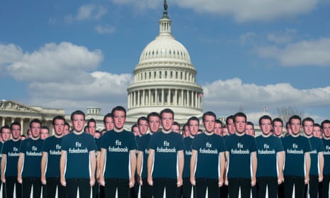 One hundred cardboard cutouts of Mark Zuckerberg at a protest in Washington, April 2018.