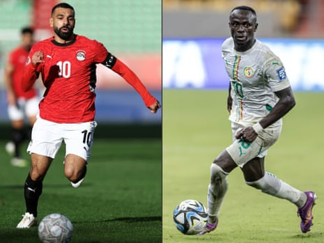 Split photo with Mohamed Salah playing for Egypt on the left and Sadio Mané playing for Senegal on the right