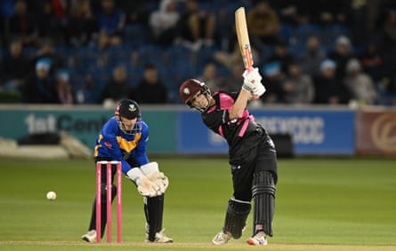 Thomas Rew hits a boundary during Somerset’s match against Sussex.