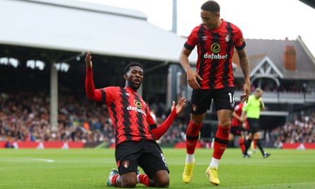 Jefferson Lerma knee slides in the corner after putting Bournemouth ahead for the second time