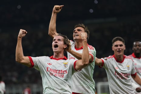 Benfica's Jakub Kaminski celebrates after scoring his side's second goal.