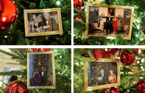 Christmas trees in the State Dining Room are decorated with snapshots of US presidents and their families.