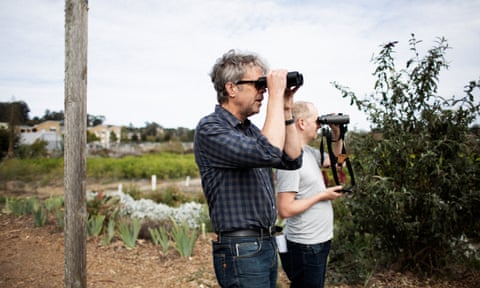 Freedom … Jonathan Franzen with Guardian writer Oliver Milman at Natural Bridges Farm in Santa Cruz.