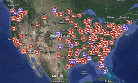 Map of reported chemical accidents in the US. Red icons indicate accidents from 1 January to 31 December 2022. Purple icons indicate accidents since 1 January 2023.