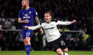 Matej Vydra celebrates scoring Derby’s second goal as they came from behind to beat Cardiff 3-1.