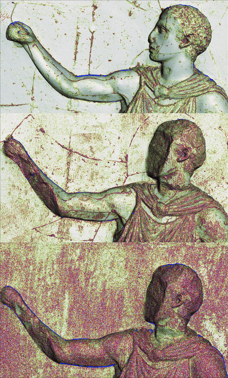 3D models of a figure from the west frieze, coloured to highlight changes in surface texture. Top: Elgin cast, 1802. Middle: Merlin cast, 1872. Bottom: original sculpture.