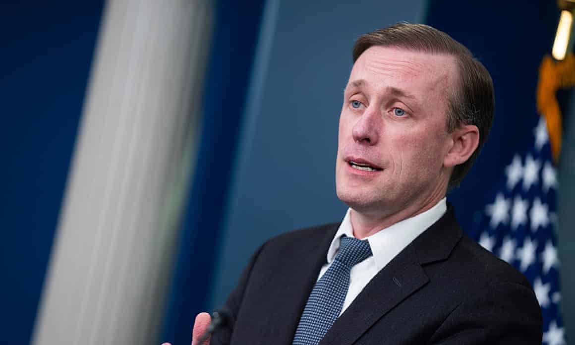 Jake Sullivan speaks during a press briefing at the White House in Washington, on 12 March.