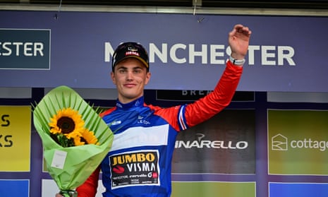 Dutchman Olav Kooij celebrates winning the first stage of the Tour of Britain