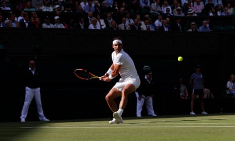 Rafael Nadal in action against Francisco Cerúndolo  on day two of the 2022 Wimbledon tennis championships.