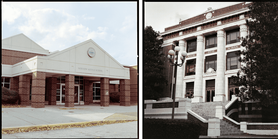 Left: exterior of Norview middle school in Norfolk. Right: exterior of Maury high school, also in the city.