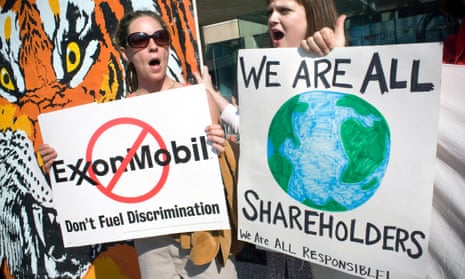A protest outside the ExxonMobil annual shareholders meeting in Dallas, Texas.