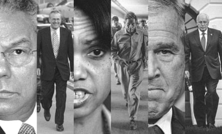 Composite picture of (from left): Colin Powell, Donald Rumsfeld, Condoleezza Rice, Paul Wolfowitz, George W Bush and Dick Cheney