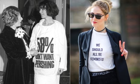 Margaret Thatcher with fashion designer Katharine Hamnett wearing a T-shirt with a nuclear protest message in 1984; and Dior’s 2017 ‘We Should All Be Feminists’ design.