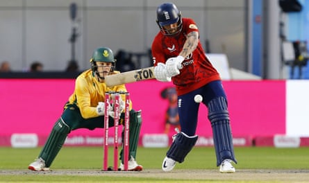 England’s Phil Salt hits a four during the second T20 match against South Africa.