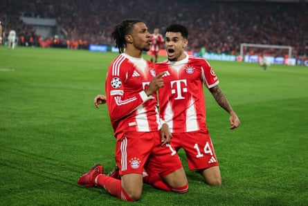 Michael Olise and Luis Díaz celebrate a goal for Bayern Munich