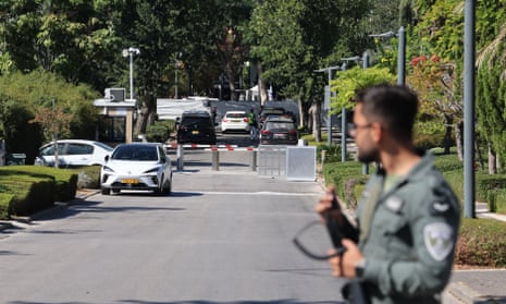Israeli police at the scene targeted by a drone, in Caesarea, Israel, on Saturday.