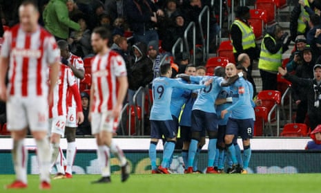 Newcastle United’s Ayoze Pérez celebrates scoring their first goal at Stoke City.
