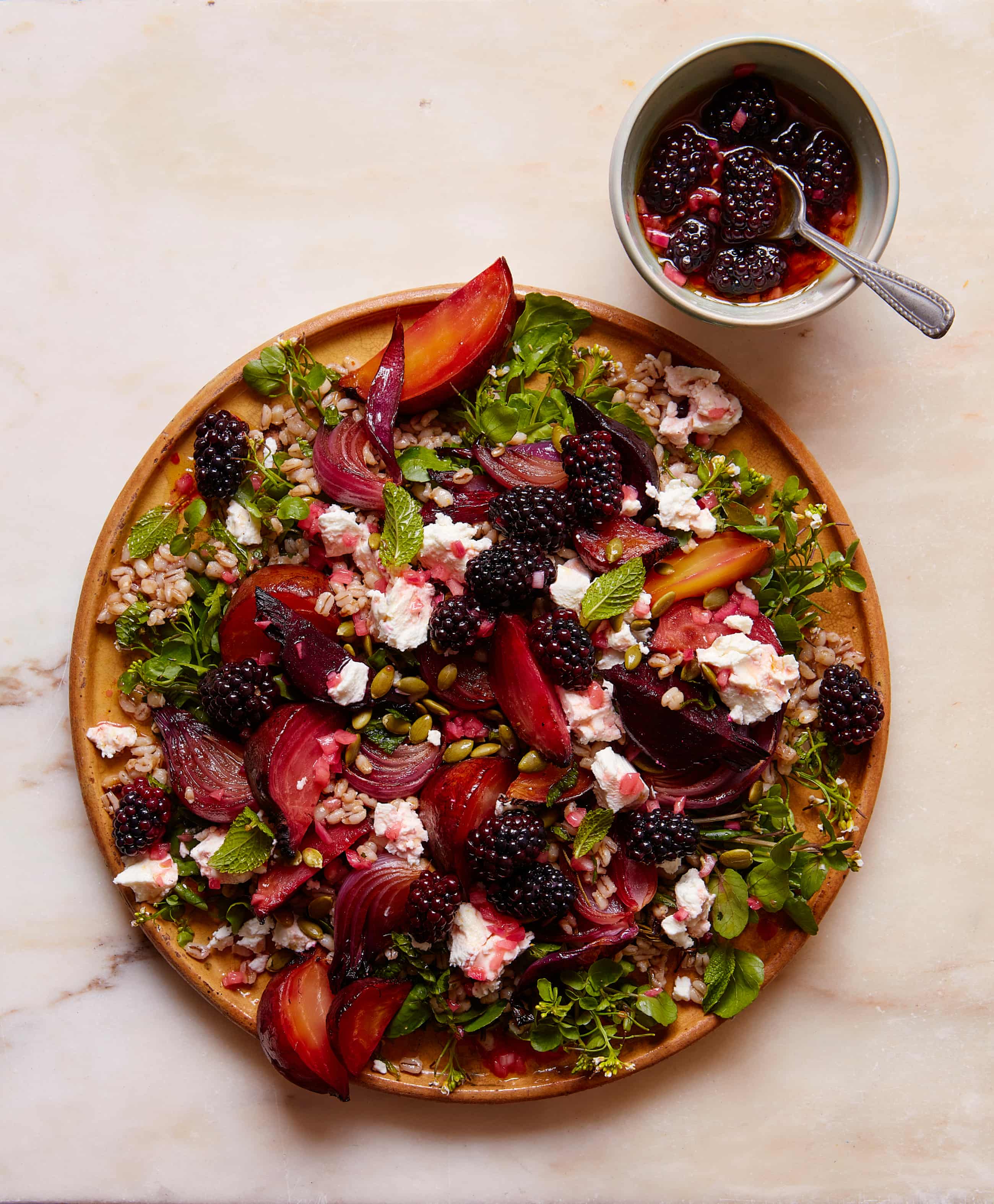 Thomasina Miers’ recipe for roast beet, blackberry and barley salad with goat’s cheese