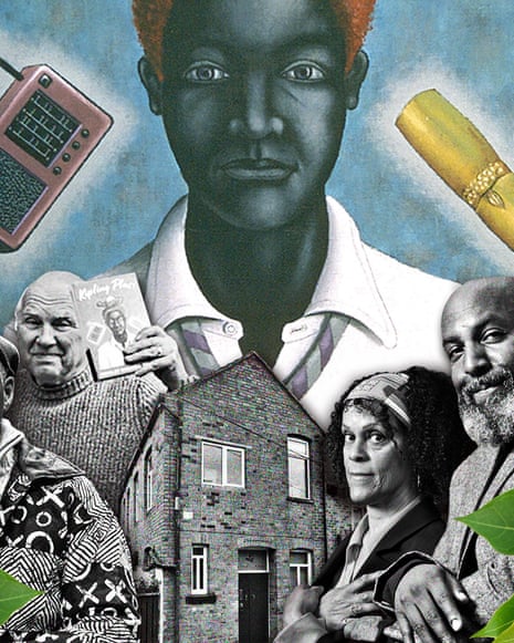 Composite image. Jacob Ross, Jeremy Poynting, Bernardine Evaristo and Roger Robinson. The Peepal Tree office in Leeds. Leaves from a Peepal tree. Front cover of Kipling Plass by Berkley Wendell Semple.