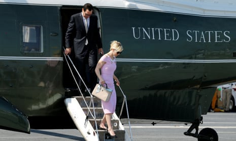 National service … Steven Mnuchin and Louise Linton touch down.