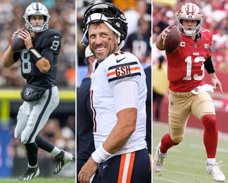Quarterbacks Kirk Cousins, Case Keenum and Brock Purdy shown throwing, smiling and running in games