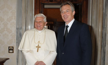 Pope Benedict XVI with Tony Blair, the outgoing British prime minister, for a private meeting at the Vatican in June 2007.