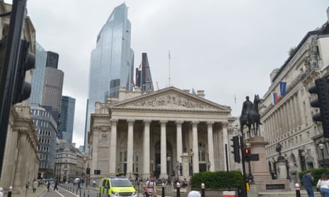 A view of the Royal Exchange building and Bank of England, Threadneedle Street