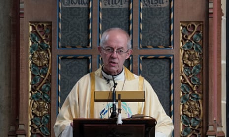 The archbishop of Canterbury, Justin Welby, delivers his sermon at Canterbury Cathedral on Sunday.
