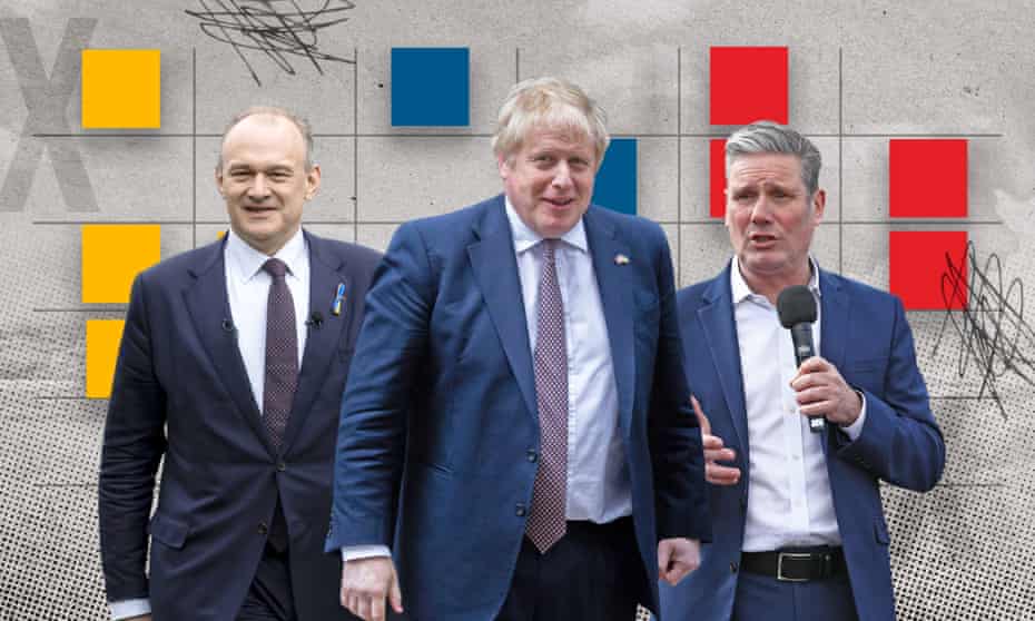 Collage image of Ed Davey, Boris Johnson and Keir Starmer