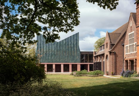 the faience-clad M-shaped gable of Homerton College’s new dining hall.