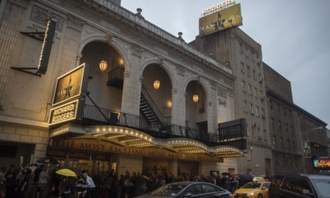 People queue for Hamilton at the Richard Rodgers theatre in New York. 