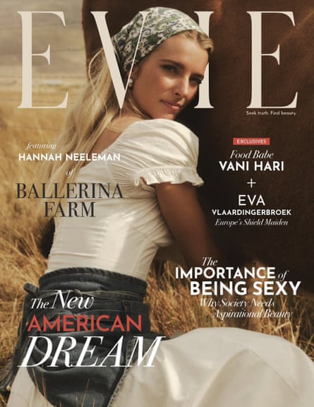 a white woman wearing a white dress poses on a farm outside on a cover for a magazine called Evie