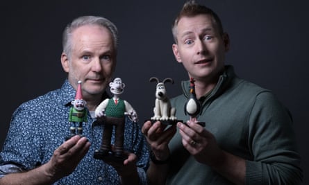 ‘The plan was just to do another half an hour!’ …co-creators of Wallace & Gromit, Nick Park and Merlin Crossingham pose with the characters from Vengeance Most Fowl.