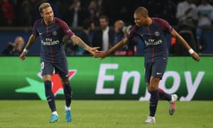 Neymar, left, celebrates scoring the second goal for Paris Saint-Germain with Kylian Mbappé in their 3-0 Champions League win over Bayern Munich.