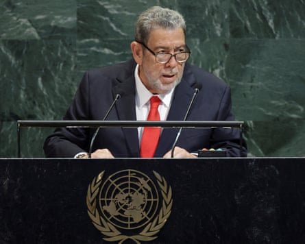 Ralph Gonsalves behind a podium