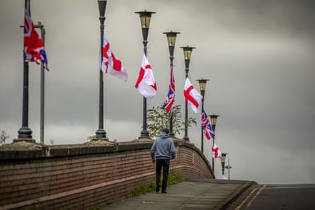Flags on Westminster Bridge in Ellesmere Port, Cheshire, 28 August 2025