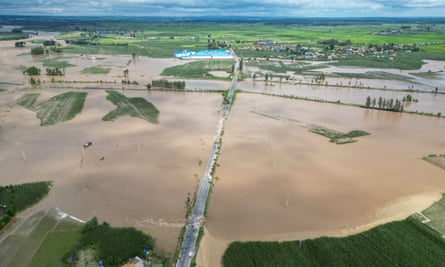 Aerial view of a large flooded area in Qili township in Shulan city, Jilin province