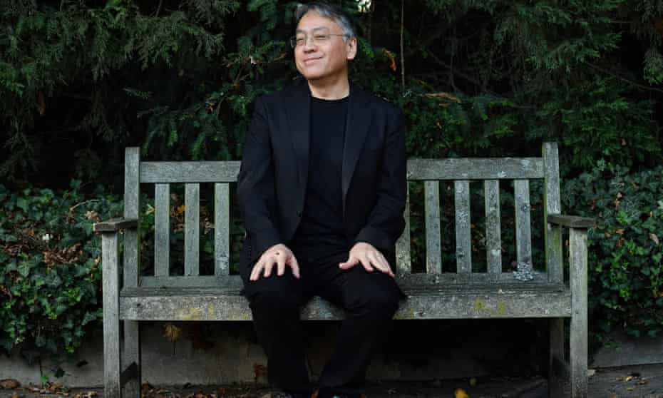 Kazuo Ishiguro holds a press conference from a bench in his London garden, after the announcement that he has won the Nobel prize for literature