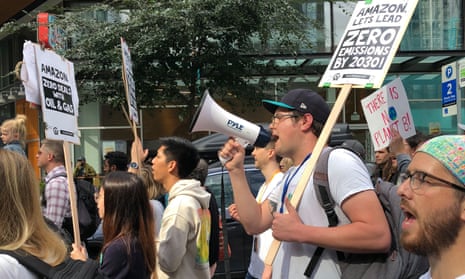 Nick Andrews, a program manager at Amazon, was a chant leader for the climate strike in Seattle.