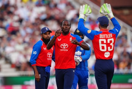 England's Jofra Archer and Jos Buttler celebrate the wicket of India's Vaibhav Sooryavanshi.