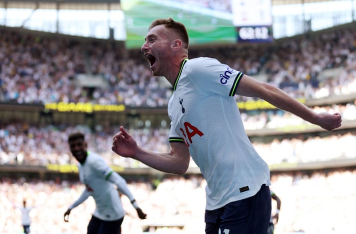 Tottenham Hotspur’s Dejan Kulusevski celebrates scoring their fourth goal.