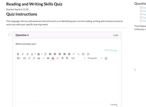 Screenshot of the reading and writing skills quiz in the Catalyst course