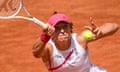 Iga Swiatek returns during her 6-1, 6-3 victory over Madison Keys at the 2024 Italian Open