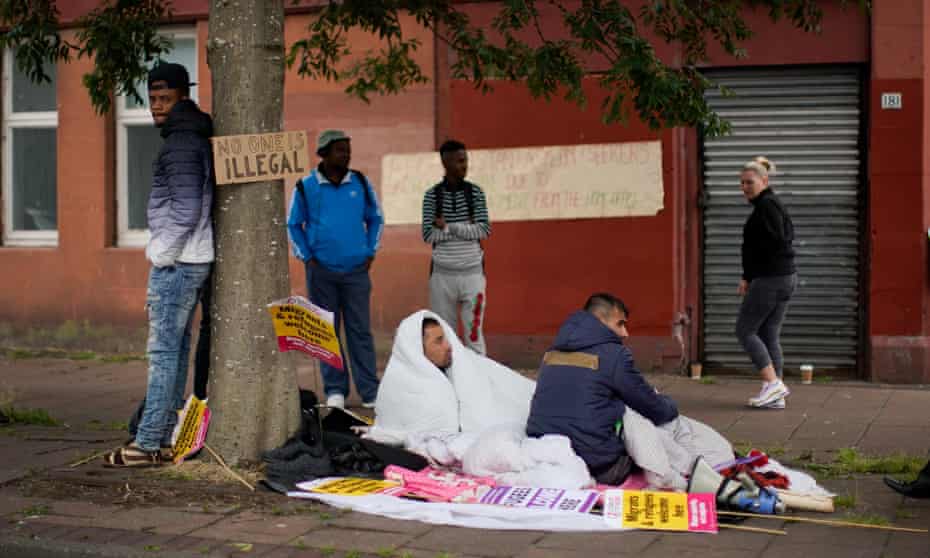 Refused asylum seekers on hunger strike outside the Home Office in Glasgow