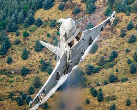 A Eurofighter Typhoon during a low level flying sortie in the Lake District, Cumbria, UK.