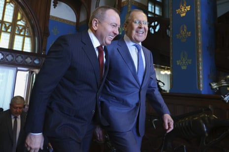 The Belarusian foreign minister, Vladimir Makei, left, and Russian foreign minister, Sergei Lavrov, at talks in Moscow in June 2021 