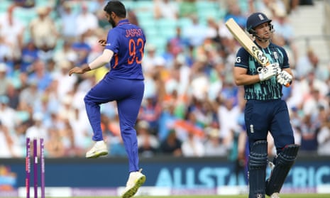 India's Jasprit Bumrah jumps for joy after bowling England’s Liam Livingstone for a duck, one of his six wickets at the Oval.
